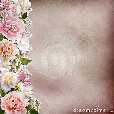 Border of flowers with lace on vintage background Stock Photo