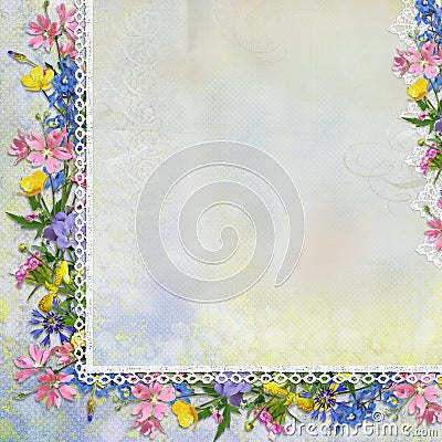 Border of flowers with lace on vintage background Stock Photo