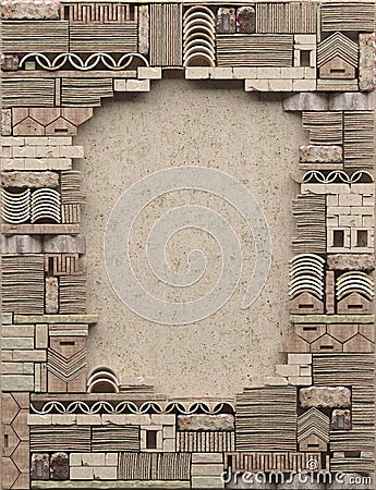 Border frame on the background of a sandy clay wall with decorative stonework. Ð¡opy space. Stock Photo