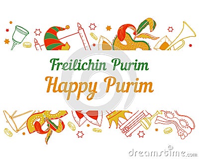 Border frame, design template for Purim. Traditional objects, decorations and food. Hand drawn Vector Illustration
