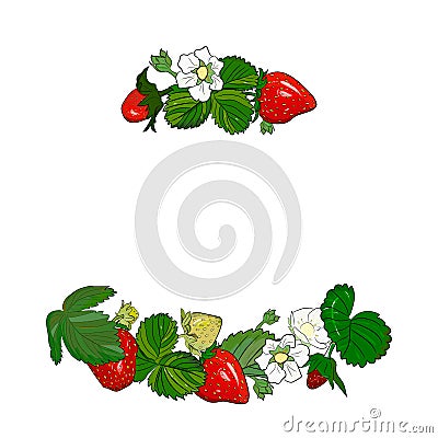 Border, frame with realistic berries and leaves of ripe strawberries Vector Illustration