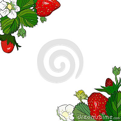 Border, frame with realistic berries and leaves of ripe strawberries Vector Illustration