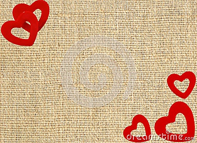 Border frame of red hearts on sack canvas burlap Stock Photo