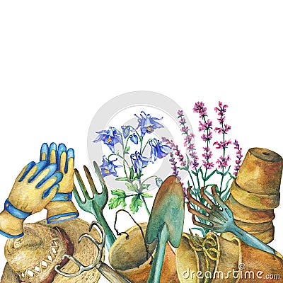 Border with gardening tools, solar hat, gloves, terra cotta plant pots and flowers. Shovel, rake, pitchfork. Cartoon Illustration