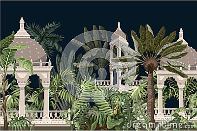 Border with jungle trees and ancient castle. Vector. Vector Illustration