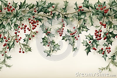 A border of lush green Christmas garland, interspersed with bright red holly berries. The garland is detailed with a light dusting Stock Photo