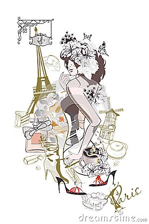 Border from Paris illustrations with fashion girls. Vector Illustration