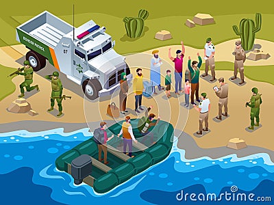 Border patrol detained illegal immigrants arriving in a motor boat to the seashore and special vehicles isometric icons on isolate Vector Illustration