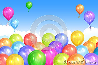 Border of realistic colorful helium balloons on sky Vector Illustration