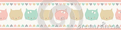 Border repeat pattern of sweet cat faces in pastel colours. Seamless vector edging design ideal for children and babies. Vector Illustration