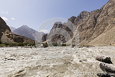 Border river Panj River in Wakhan valley with Tajikistan right and Afghanistan left Stock Photo