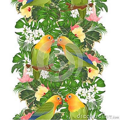 Border seamless background parrots Agapornis lovebird tropical birds and Brugmansia with pink and yellow hibiscus vector illust Vector Illustration