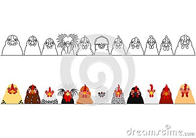 Various chicken heads in a row Vector Illustration