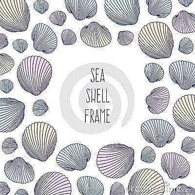 Border shell frame. Vector Illustration of hand drawn seashells in doodle style. Beach design Vector Illustration