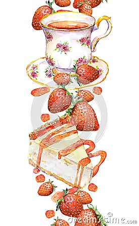 Border stripe with tea cup, cake, strawberry. Seamless frame. Watercolor Stock Photo