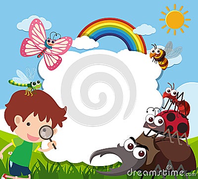 Border template with boy and many insects Vector Illustration