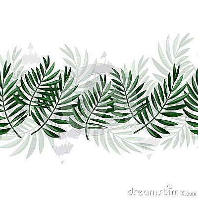 A border of tropical leaves and triangles. seamless patterns. Frame of green leaves and gray triangles.Vector. Eps10 Vector Illustration