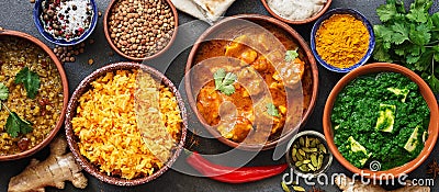 Border variety of Indian dishes. Traditional Indian Food Set. Top view, flat lay Stock Photo