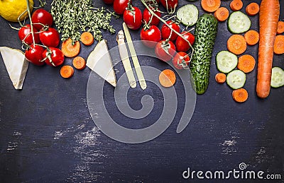 Border Various fruits and vegetables with herbs cherry tomatoes on a branch vegetarian food place for text on wooden rustic backg Stock Photo