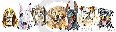 Border from watercolor portraits of dogs for decoration Cartoon Illustration