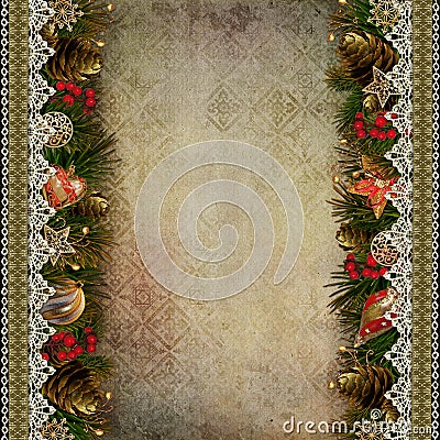 Borders of Christmas decorations with lace on vintage background Stock Photo