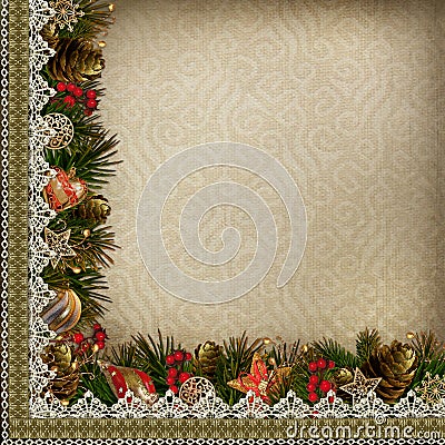 Borders of Christmas decorations with lace on vintage background Stock Photo