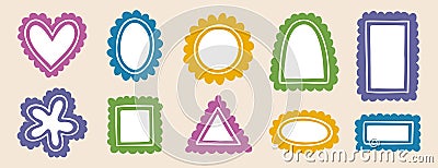 borders empty frames template cute wavy line doodle set. round shape, heart square rectangle arch triangle or oval Vector Illustration