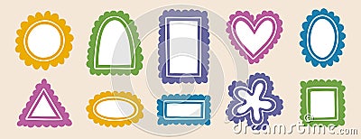 borders empty frames template cute wavy line doodle set. round shape, heart square rectangle arch triangle or oval Vector Illustration