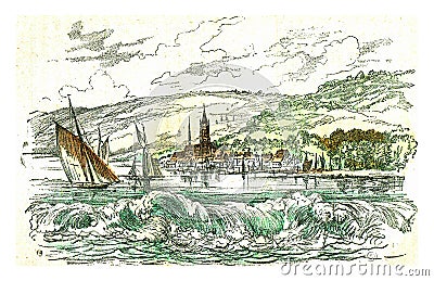 The Bore of the Seine in Caudebec, vintage engraving Cartoon Illustration