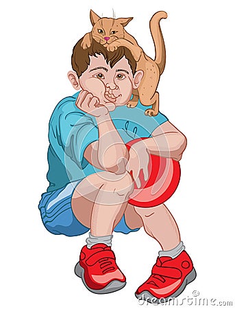 Bored boy in blue t-shirt, shorts and red sneakers holding a ball while his cat is playing on his head Vector Illustration