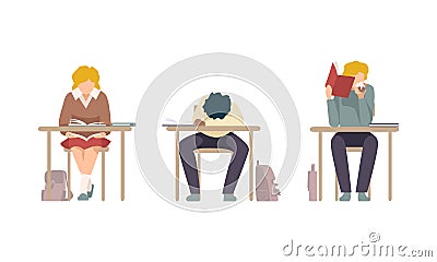 Bored Boy and Girl Pupil or Student Sitting at Desk Eating and Reading Book at Lesson Vector Set Vector Illustration