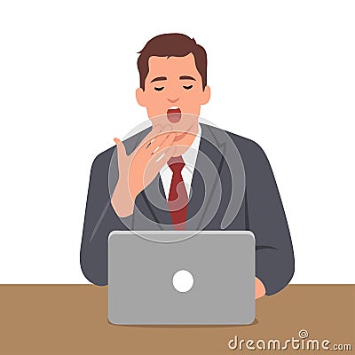 Bored business man worker procrastinating at computer desk. Tired sleepy employee person yawning working late at office workplace Cartoon Illustration