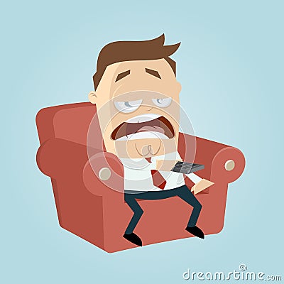 Bored cartoon man on couch is zapping Vector Illustration