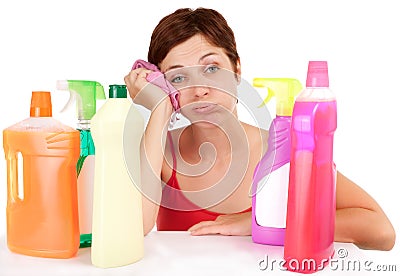 Bored cleaning woman portrait Stock Photo