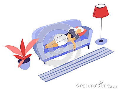 Bored female character laying on sofa, sad or tired personage Vector Illustration