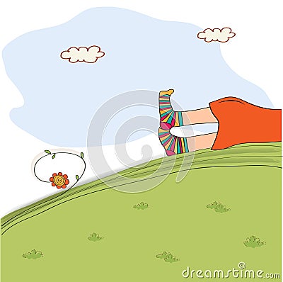 Bored girl legs lying on the grass Vector Illustration