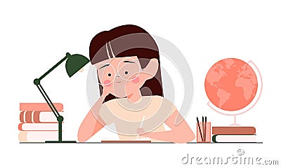 Bored kid doing homework or sitting on boring school lesson. Tired and sad student girl child vector illustration. Children workp Vector Illustration