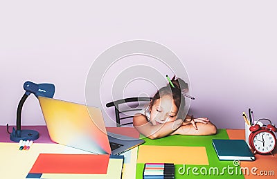 Bored kids student listening while classmate sleeping at school. Child and emotions concept. Stock Photo