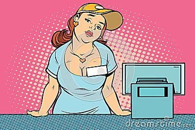 Bored retro woman seller at the checkout Vector Illustration