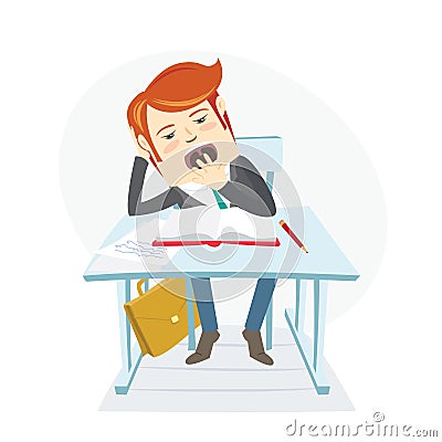 Bored school student yawning at the desk on his lessons in clasr Vector Illustration