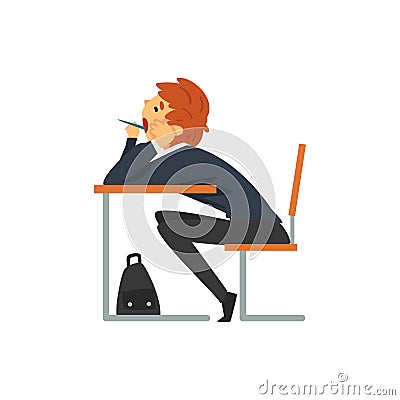 Bored Student Sitting and Yawning at Desk in Classroom, Side View, Schoolboy in Uniform Studying at School, College Vector Illustration