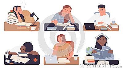 Bored students study exhausted woman man students set isolated Vector Illustration
