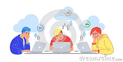 Bored three teenagers sitting with laptops and sleeping Vector Illustration