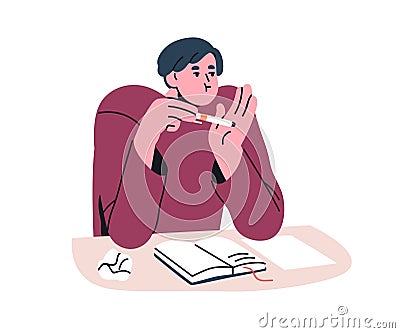 Bored unmotivated tired student at desk. Exhausted lazy unproductive man studying at table, face expression of Vector Illustration