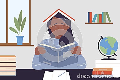 Bored young woman student and books, hard education work with sad sleepy unhappy teenage Vector Illustration