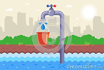 borehole pump pumps water into a bucket. collect drinking water. Vector Illustration