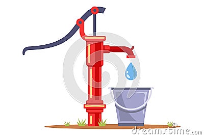 borehole pump pumps water into a bucket. collect drinking water. Vector Illustration