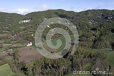 Borghetto di Borbera Pemonte Italy Village aerial View Panorama farmed fields Stock Photo