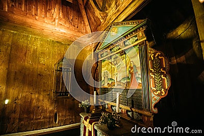 Borgund, Norway. Interior Of Famous Wooden Norwegian Landmark Stavkirke. Ancient Old Wooden Triple Nave Stave Church Editorial Stock Photo