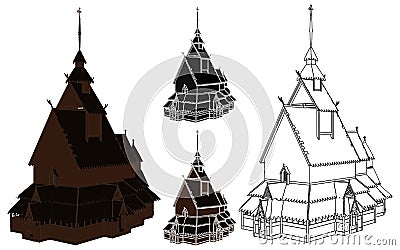 Borgund stave church in perspective view, Norway. Vector Illustration